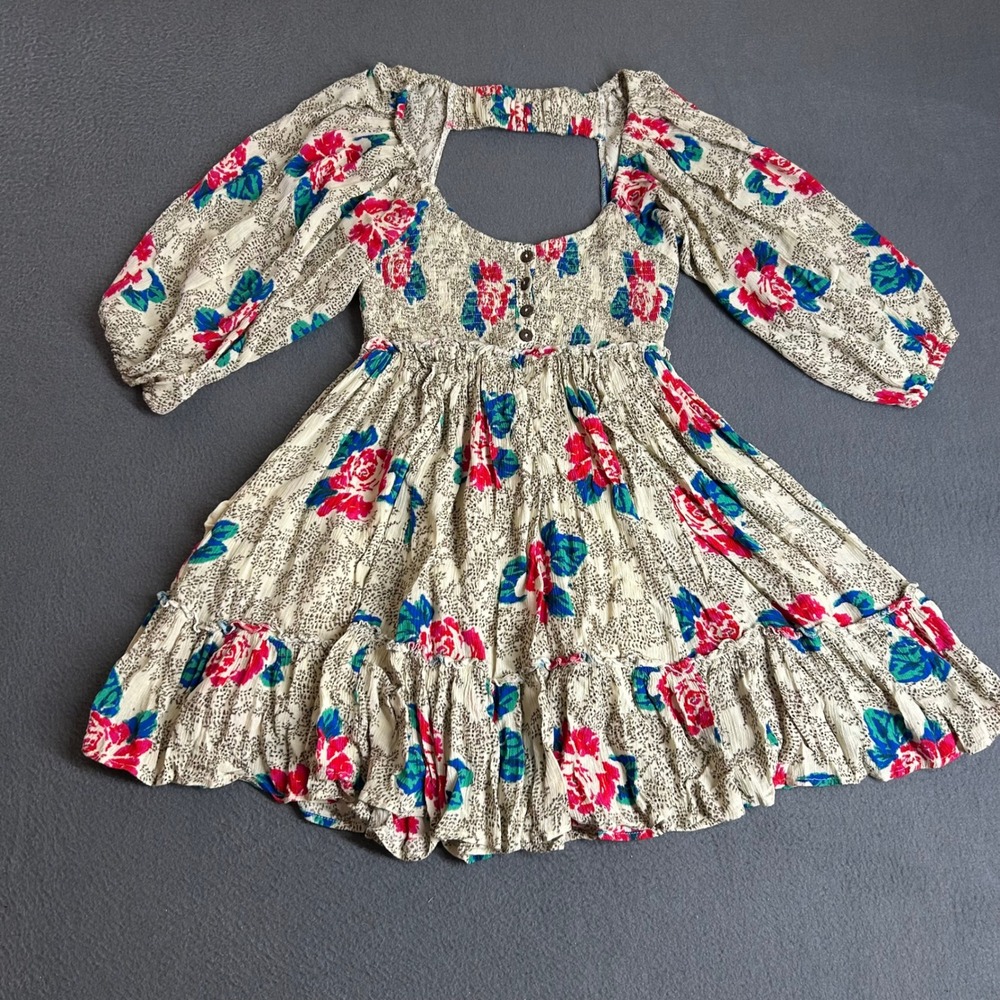 Free People Dress Womens XS Cream Floral Smocked Mini Puff Sleeve Boho Ruffle